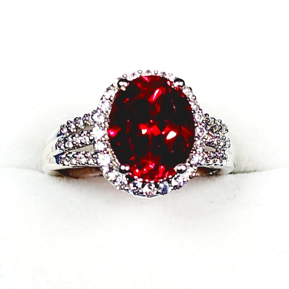 Lab created Padparadscha Sapphire & White Zircon ring in Plat/ 925 SS sz 8 6 ct